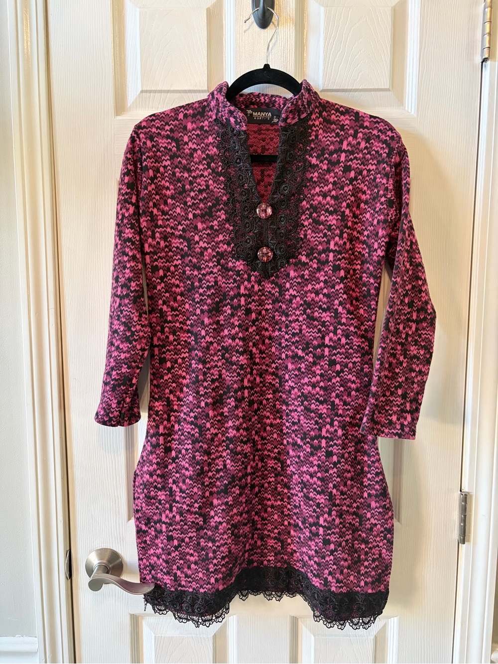 Manya Kurti's Pink Black Wool Knit Long Tunic Sweater Dress Small
